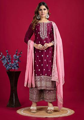 Wine Sequin Embroidered Chinon Silk Kurta Set