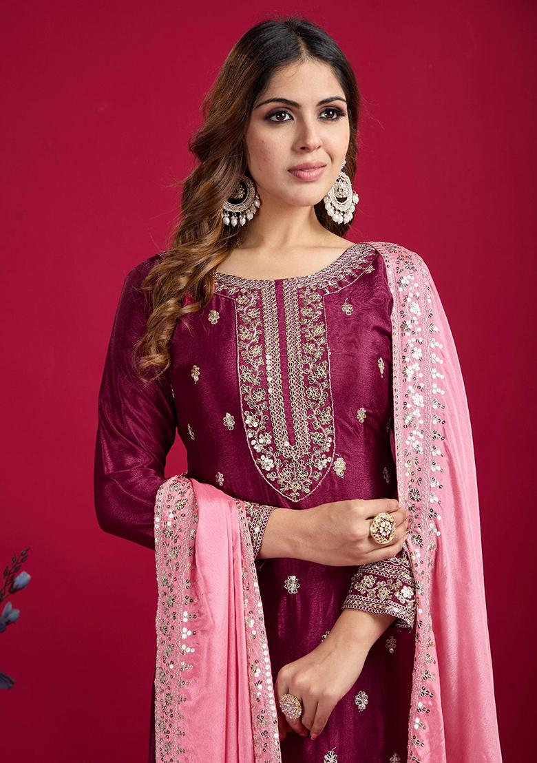 Wine Sequin Embroidered Chinon Silk Kurta Set