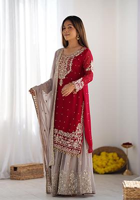 Red Sequin Embroidered Chinon Silk Kurta Set