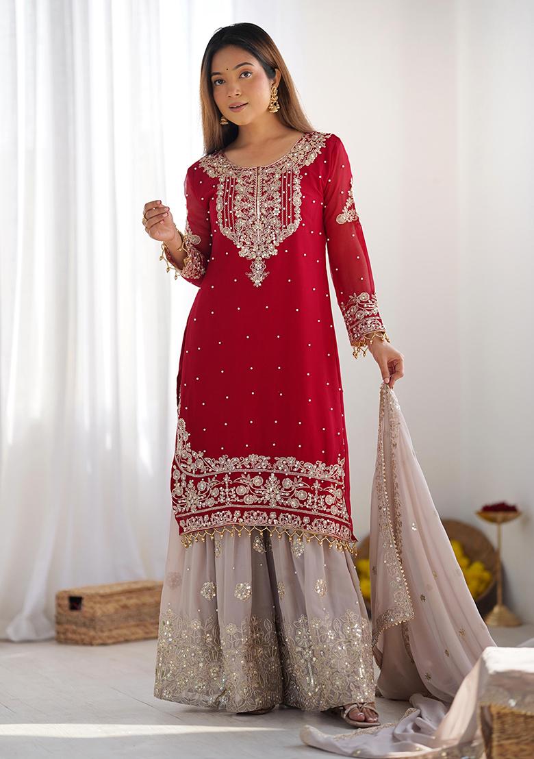 Red Sequin Embroidered Chinon Silk Kurta Set