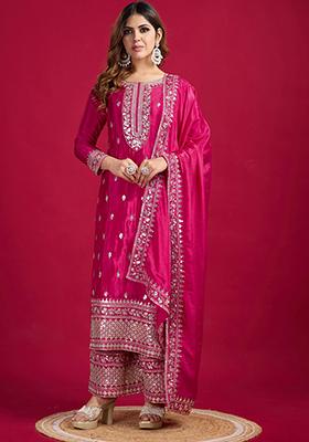 Rani Pink Sequin Embroidered Chinon Silk Kurta Set