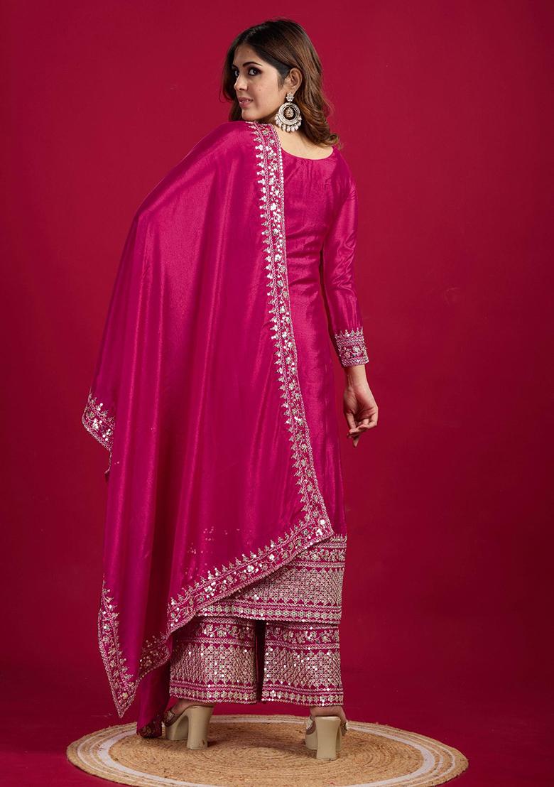 Rani Pink Sequin Embroidered Chinon Silk Kurta Set