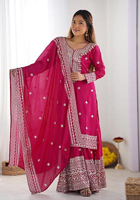Rani Pink Sequin Embroidered Chinon Silk Kurta Set