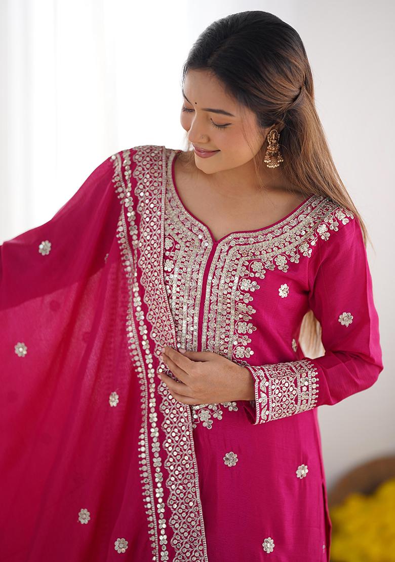 Rani Pink Sequin Embroidered Chinon Silk Kurta Set