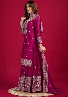 Rani Pink Sequin Embroidered Chinon Silk Kurta Set