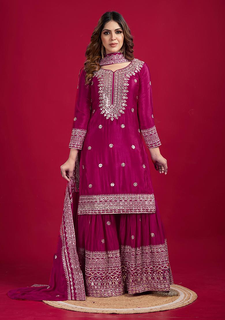 Rani Pink Sequin Embroidered Chinon Silk Kurta Set