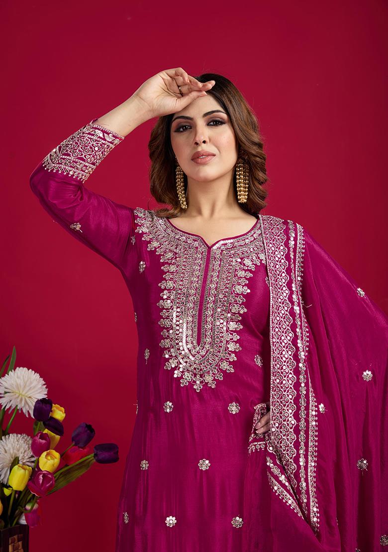 Rani Pink Sequin Embroidered Chinon Silk Kurta Set