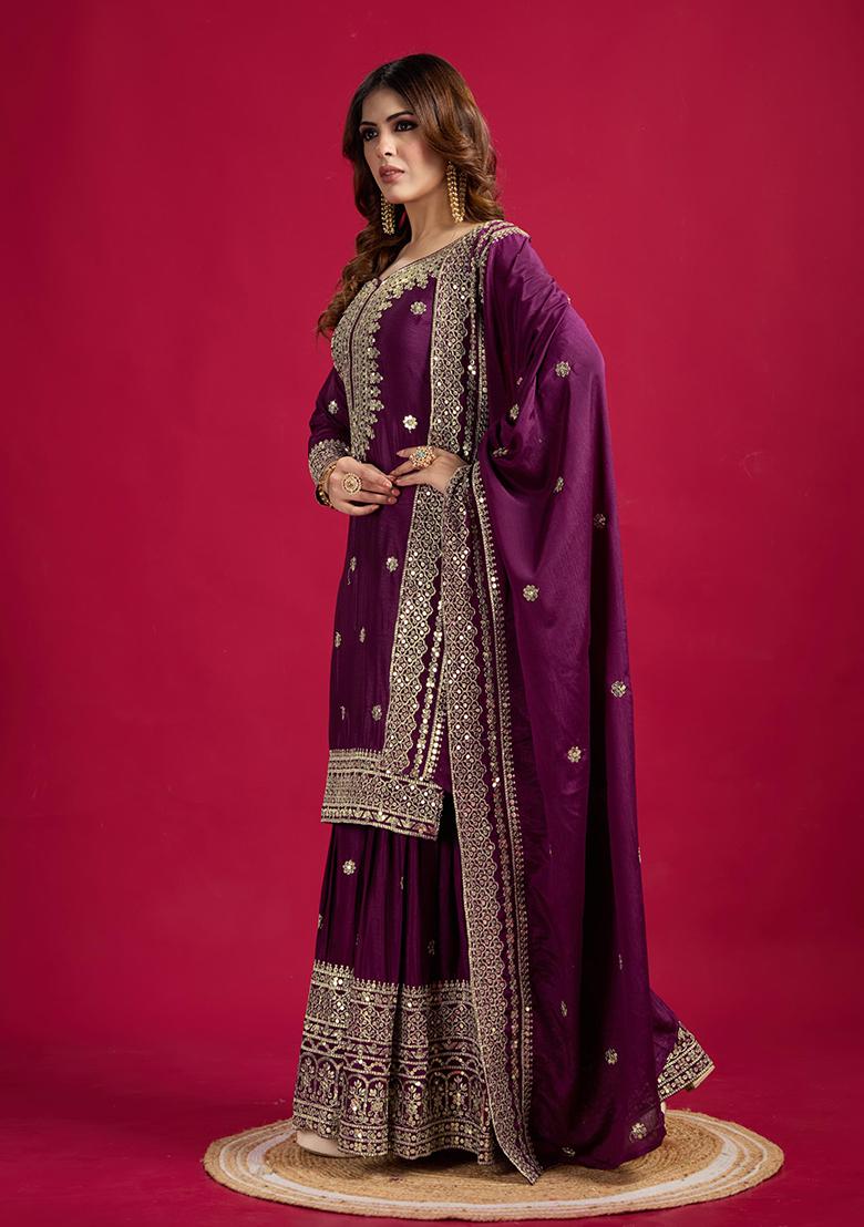 Purple Sequin Embroidered Chinon Silk Kurta Set