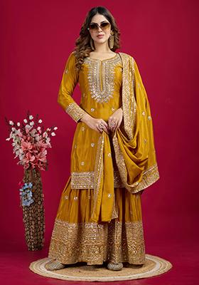 Mustard Sequin Embroidered Chinon Silk Kurta Set