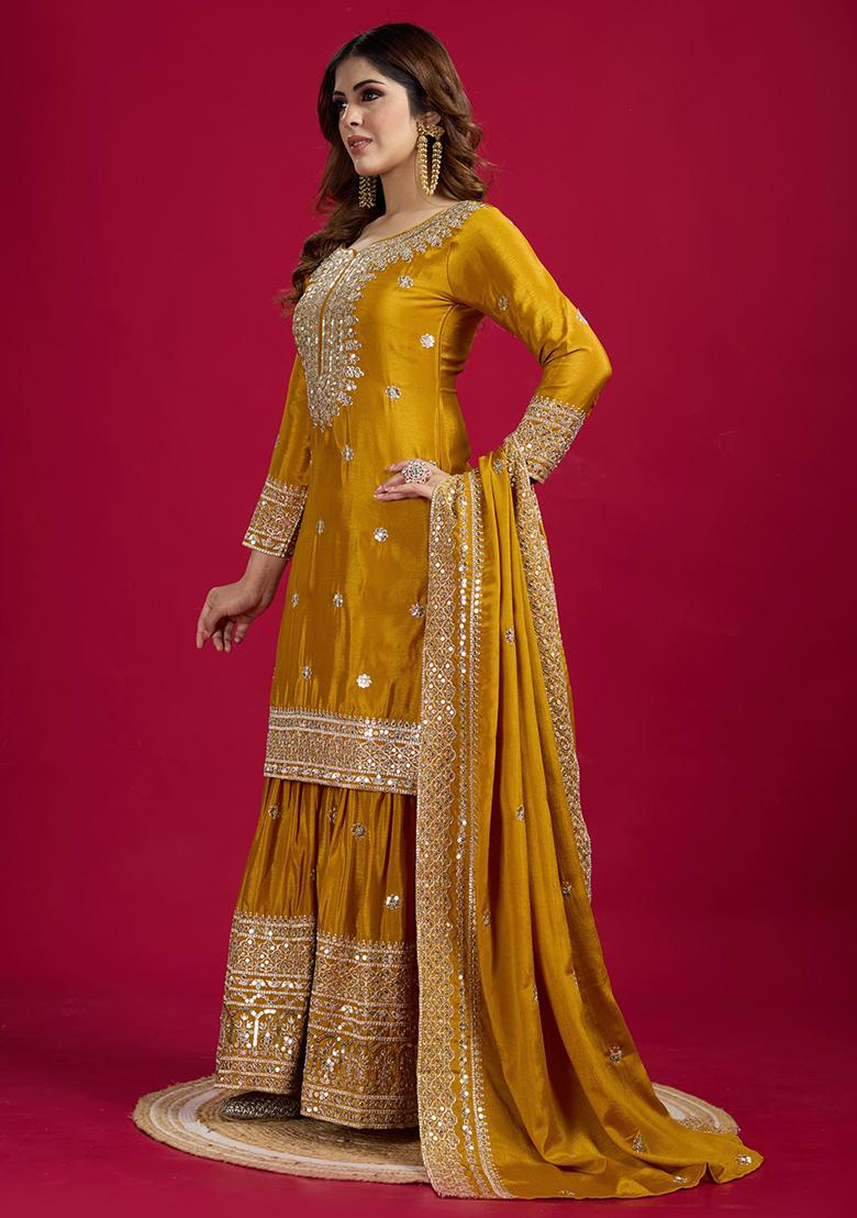 Mustard Sequin Embroidered Chinon Silk Kurta Set