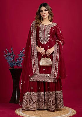 Maroon Sequin Embroidered Chinon Silk Kurta Set