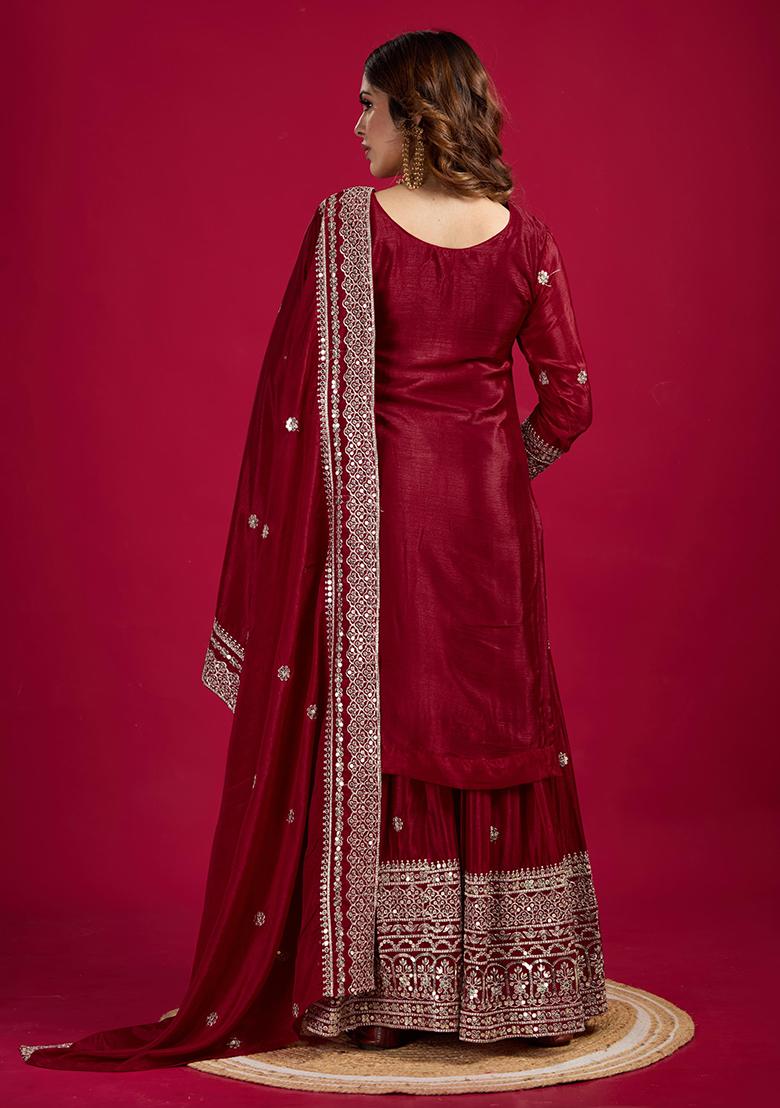 Maroon Sequin Embroidered Chinon Silk Kurta Set