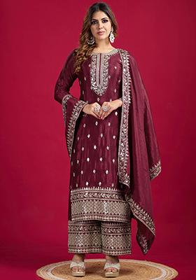 Maroon Sequin Embroidered Chinon Silk Kurta Set