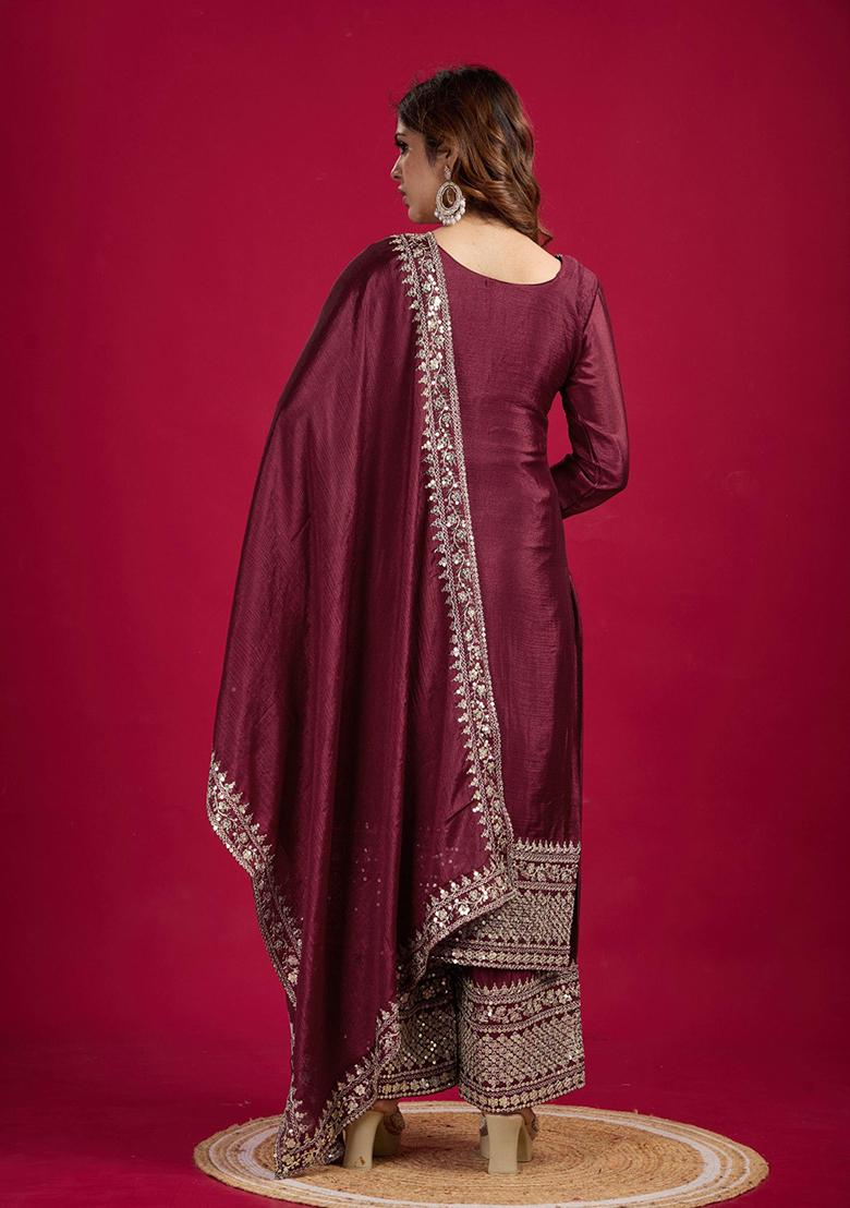 Maroon Sequin Embroidered Chinon Silk Kurta Set