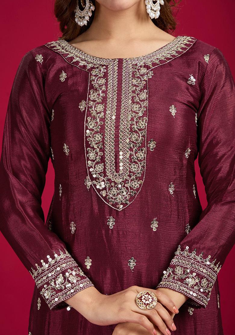 Maroon Sequin Embroidered Chinon Silk Kurta Set