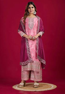 Light Pink Sequin Embroidered Chinon Silk Kurta Set