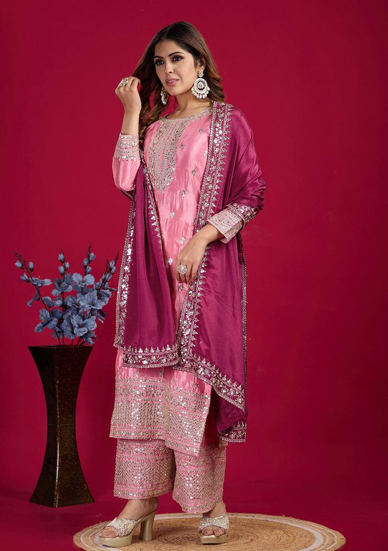 Light Pink Sequin Embroidered Chinon Silk Kurta Set