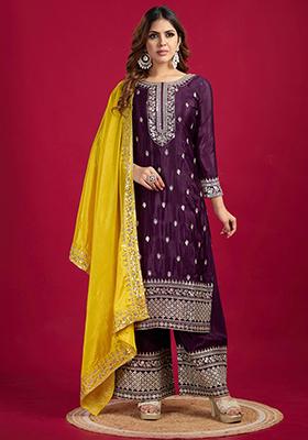 Deep Purple Sequin Embroidered Chinon Silk Kurta Set