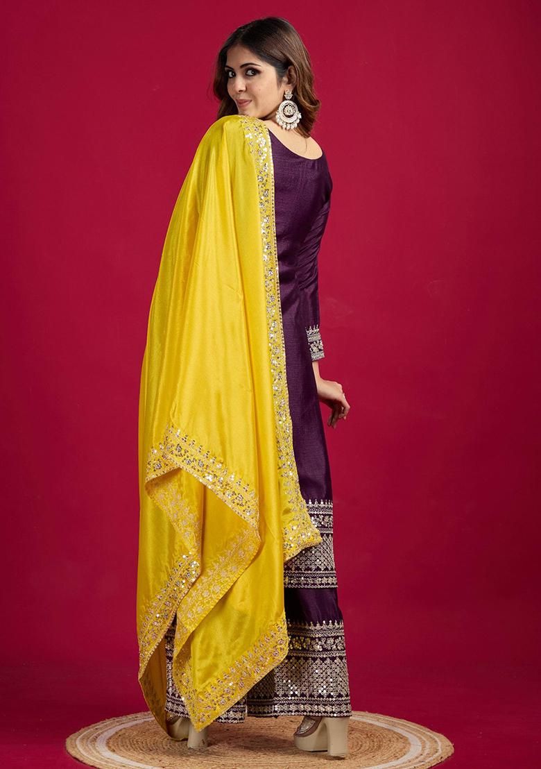 Deep Purple Sequin Embroidered Chinon Silk Kurta Set
