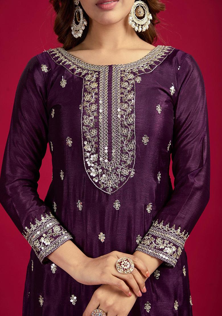 Deep Purple Sequin Embroidered Chinon Silk Kurta Set