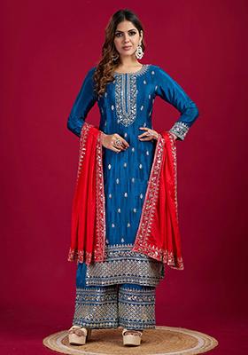 Blue Sequin Embroidered Chinon Silk Kurta Set