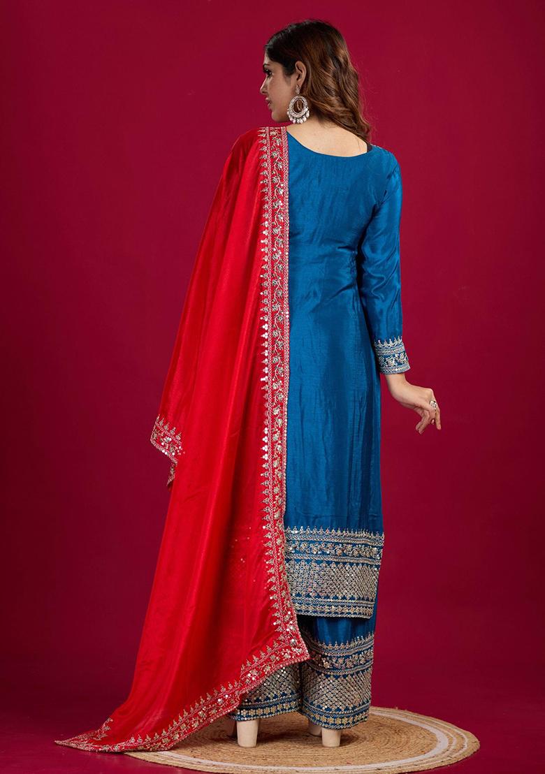 Blue Sequin Embroidered Chinon Silk Kurta Set