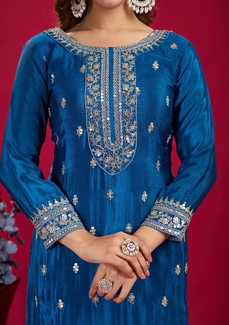 Blue Sequin Embroidered Chinon Silk Kurta Set