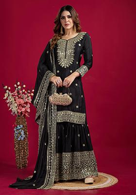 Black Sequin Embroidered Chinon Silk Kurta Set
