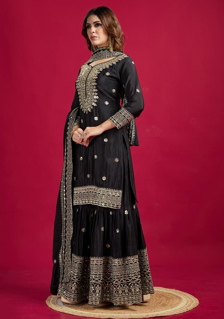 Black Sequin Embroidered Chinon Silk Kurta Set