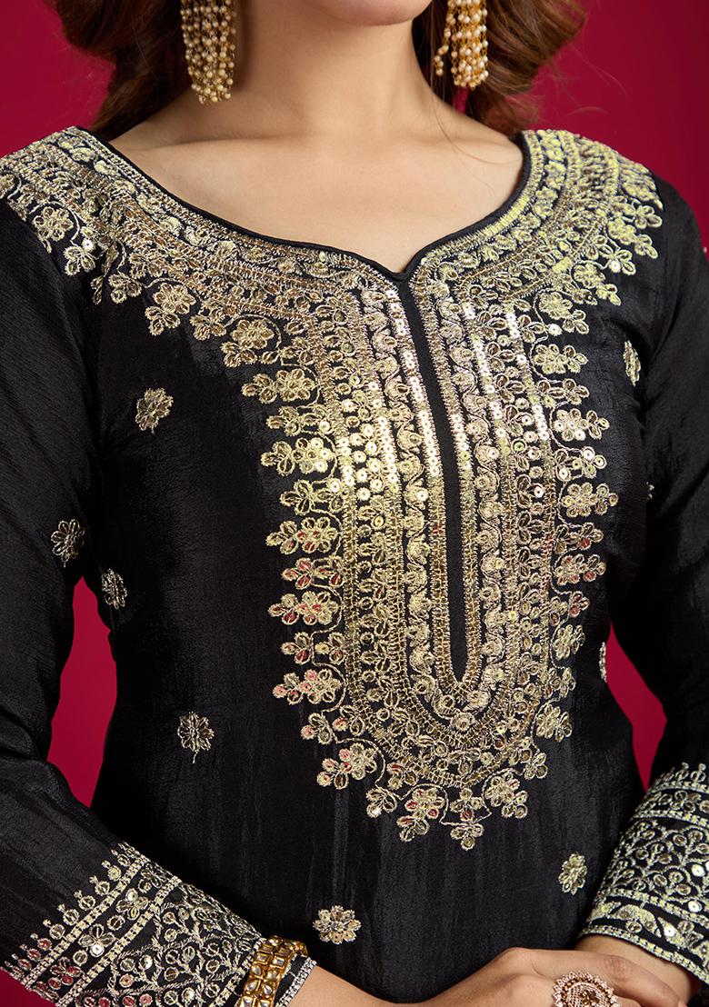 Black Sequin Embroidered Chinon Silk Kurta Set