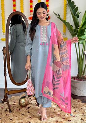 Grey Embroidered Viscose Kurta Set