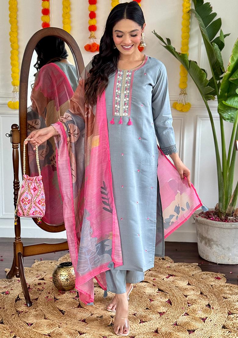 Grey Embroidered Viscose Kurta Set