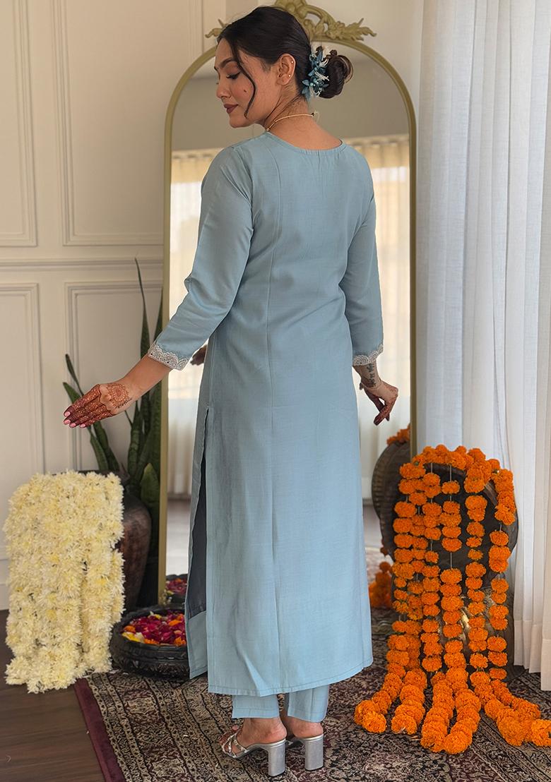 Grey Embroidered Silk Blend Kurta Set