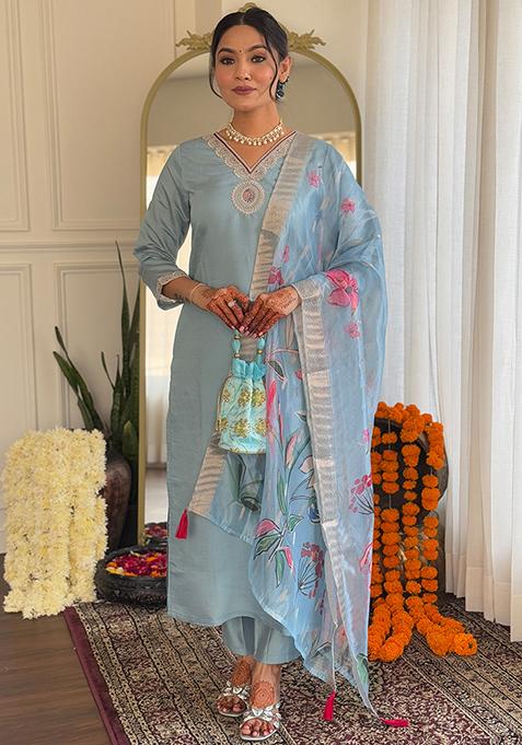 Grey Embroidered Silk Blend Kurta Set