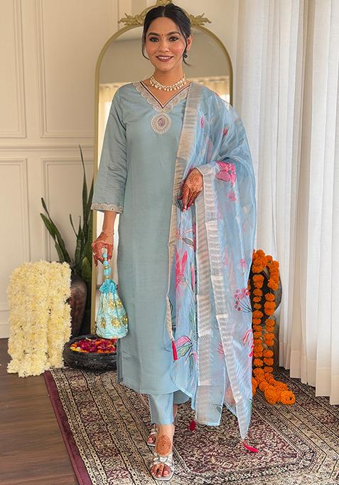 Grey Embroidered Silk Blend Kurta Set