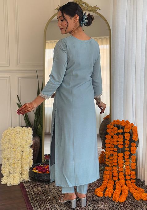 Grey Embroidered Silk Blend Kurta Set