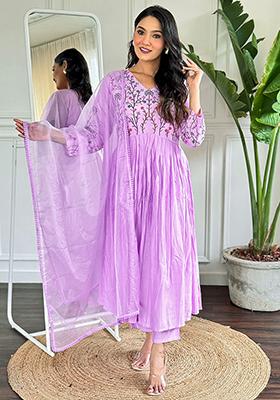 Lavender Embroidered Viscose Kurta Set
