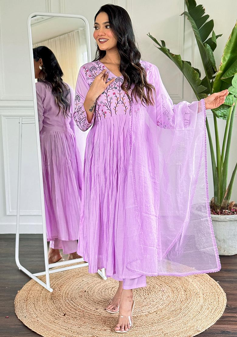 Lavender Embroidered Viscose Kurta Set