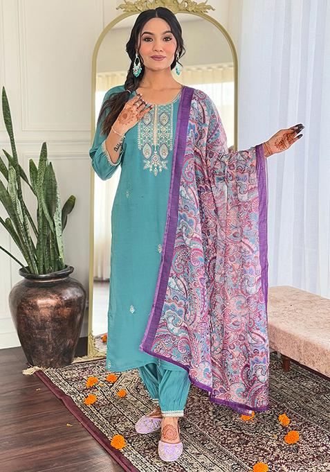 Turquoise Embroidered Viscose Kurta Set