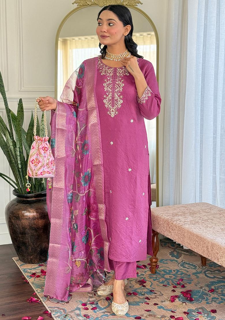 Magenta Embroidered Viscose Kurta Set