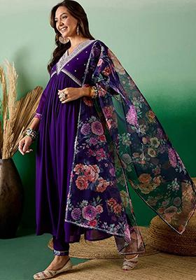 Purple Embroidered Georgette Kurta Set