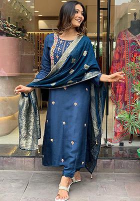 Blue Embroidered Viscose Rayon Kurta Set