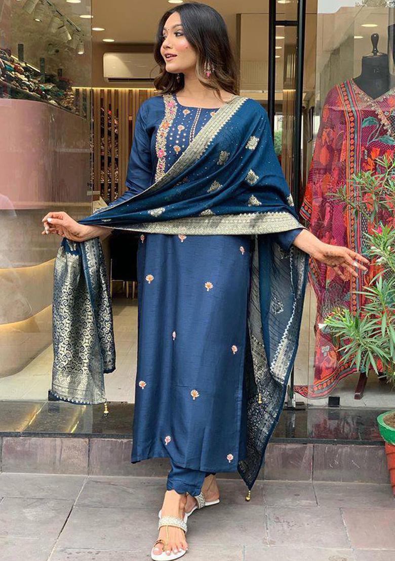 Blue Embroidered Viscose Rayon Kurta Set