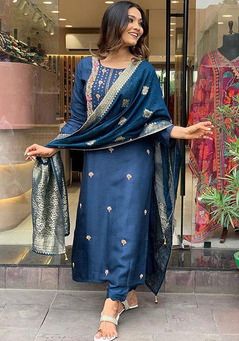 Blue Embroidered Viscose Rayon Kurta Set