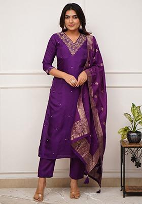 Purple Embroidered Viscose Kurta Set