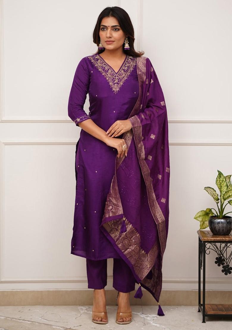Purple Embroidered Viscose Kurta Set