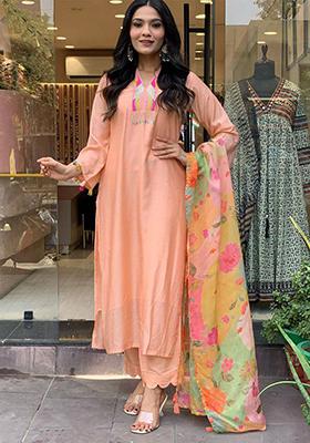 Peach Embroidered Rayon Kurta Set