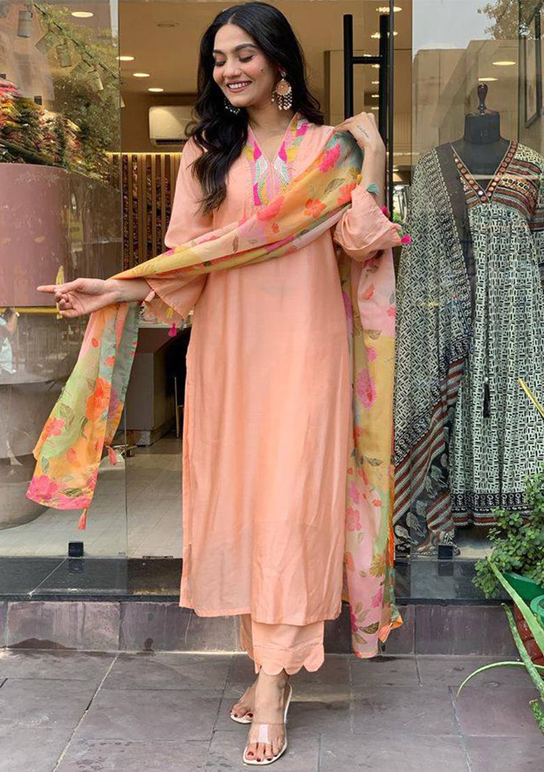 Peach Embroidered Rayon Kurta Set