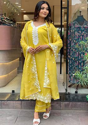 Yellow Embroidered Georgette Kurta Set