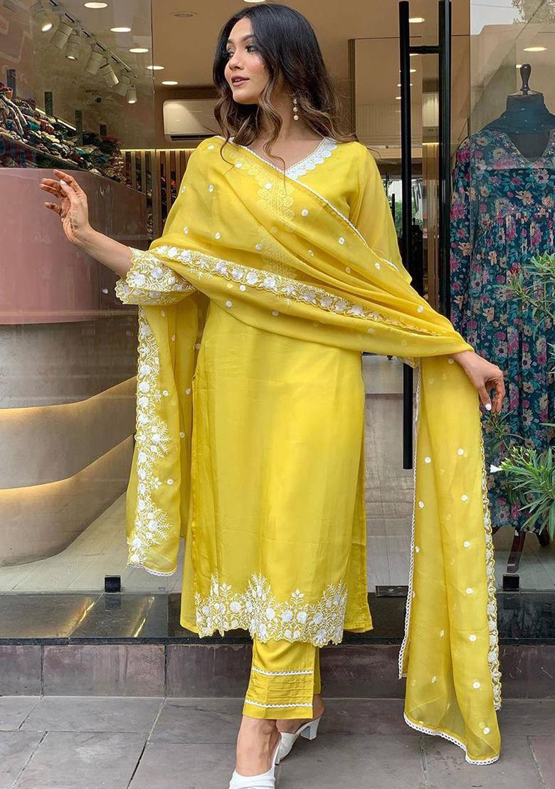 Yellow Embroidered Georgette Kurta Set